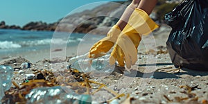 Volunteer picking up plastic trash on beach. AI generated