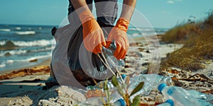 Volunteer picking up plastic trash on beach. AI generated