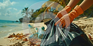 Volunteer picking up plastic trash in garbage bag on beach. AI generated