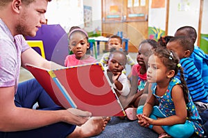 Volunteer teacher reading to a class of preschool kids photo