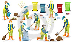 Volunteer team of young people sweeping, cleaning garbage, planting trees. Volunteers at work flat illustration isolated