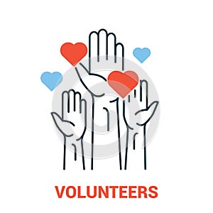 Volunteer vector icon heart care team. Charity volunteer hand symbol illustration