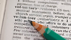 Volunteer word in english vocabulary, person offering charge free help, altruist