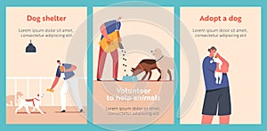 Volunteer Work in Animals Shelter Cartoon Banners, People Help Homeless Pets in Pound, Rehabilitation or Adoption Center