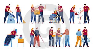 Volunteer work set, vector illustration. Flat man woman character care about elderly people, social assistance isolated