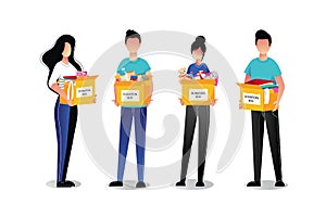 Volunteer young people with donation boxes, isolated on white background. Vector flat cartoon illustrations