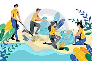 Trabajar como voluntario caridad. voluntario limpieza basura sobre el Playa Área o la ciudad ilustraciones 
