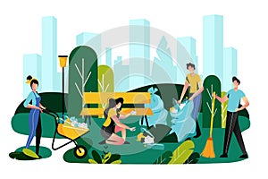 Volunteering, charity social concept. Volunteer team cleaning garbage on lawn of city park, vector illustration