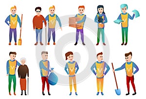 Volunteering icons set, cartoon style