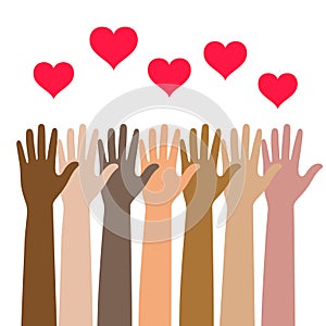 Volunteering logo illustration.Hands of people of different nationalities with hearts