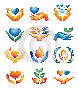 Volunteering logo set, volunteer hands holding heart or leaf, people care human help charity assistance eco nature