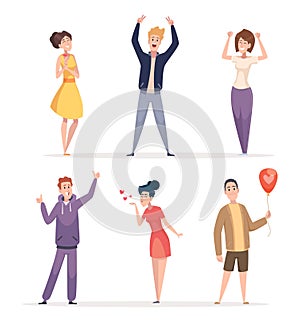 Volunteering persons. People lovely care donate philanthropy support exact vector concept illustrations in cartoon style