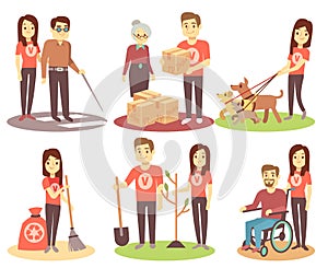 Volunteering and supporting people vector flat icons with young volunteer persons photo