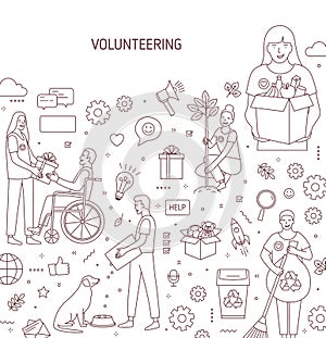 Volunteering vector banner design. Humanitarian help concept outline illustrations. Altruism, donation and charity