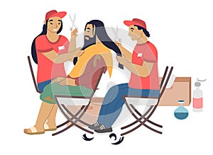 Volunteers barbers cutting hair of homeless person, flat vector illustration. Care for homeless, volunteering, charity.