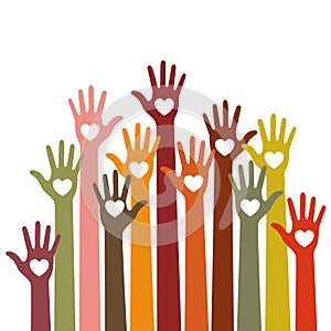 Volunteers bright colorful caring up hands hearts vector design element on sky background.