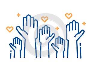 Volunteers and charity work. Raised helping hands. Vector thin line icon illustrations with a crowd of people ready and available