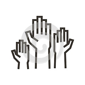 Volunteers and charity work. Raised helping hands. Vector thin line icon illustrations with a crowd of people ready and available