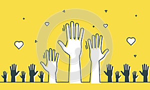 Volunteers and charity work. Social care raised helping hands. Illustration with a crowd of people ready and available to help and