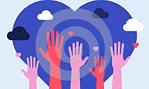 Volunteers and charity work. Social care raised helping hands. Illustration with a crowd of people ready and available to help and