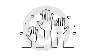Volunteers and charity work. Social care raised helping hands. Vector thin line icon llustration with a crowd of people ready and