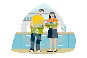 Man and woman clean up house and sort trash in kitchen. Young couple recycle of household waste. Vector flat cartoon illustration. photo