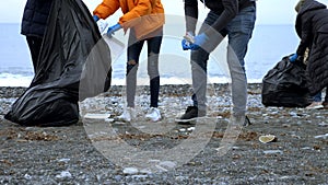 Volunteers clean up trash on the beach in the fall. environmental issues