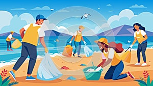 Volunteers Cleaning Beach Pollution During Sunny Day Plastic Bag Free Day