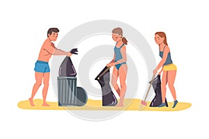 Volunteers Collecting Trash on Beach, Man and Women Cleaning Beach from Garbage, Ecology Protection Concept Cartoon