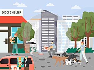Volunteers feeding, walking, caring for homeless dogs and cats in pet shelter, vector illustration. Volunteering.