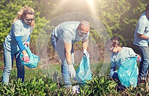 Volunteers with garbage bags cleaning park area