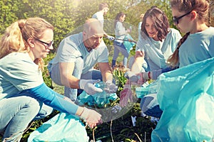 Volunteers with garbage bags cleaning park area