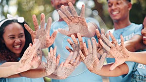 Volunteers, hands and dirt with group, nature and environmental care for cleanup. NGO, teamwork and support for