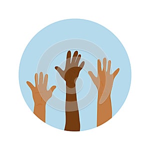 Volunteers hands up concept. Vector simple design