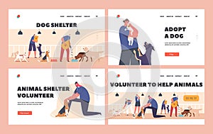 Volunteers Help Animals Landing Page Template Set. Shelter, Pound, Rehabilitation or Adoption Center for Homeless Pets