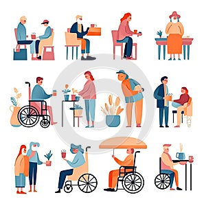 Volunteers helping senior people with disability Flat vector illustration daily activities working AI Generated