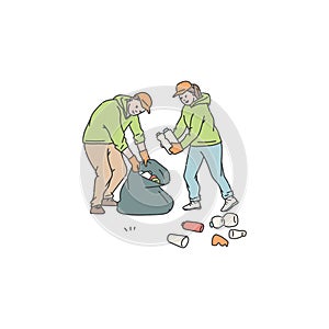 volunteers man and woman clean environment from trash and sorting waste in bags. Vector doodle line illustration of