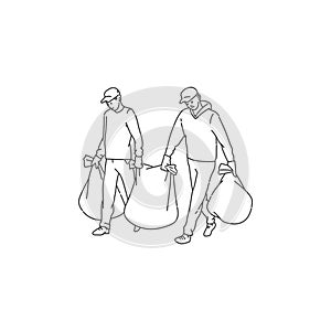 volunteers men clean environment from waste in bags. Vector doodle black white line illustration of solving