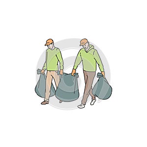 volunteers men clean environment from waste in bags. Vector doodle line illustration of solving environmental problems.