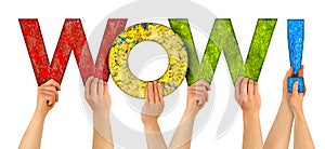 Volunteers people holding up colorful rainbow wooden letter with word WOW ! isolated  white background. Great good work respect