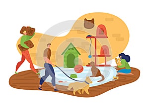 Volunteers, people to help animals, pet care, dog charity concept, design cartoon style vector illustration, isolated on