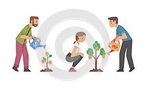 Volunteers planting trees in park or garden in spring. People working together to protect the environment cartoon vector