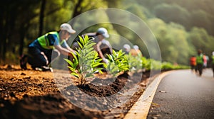 Volunteers planting young trees along bustling city road