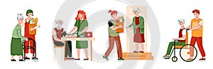 Volunteers or social workers helping elderly people, flat vector illustration.