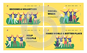 Volunteers Team Landing Page Template Set. Happy Joyful Male and Female Group From Social Charity Service