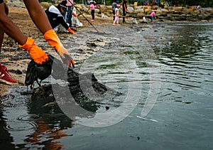 Volunteers wear orange rubber gloves to collect garbage on the beach. Beach environment pollution. Volunteers cleaning the sand.