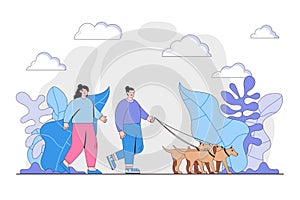Volunteers at work. Happy young couple, man and woman walking with dog together. Concept of tacking care about animals and
