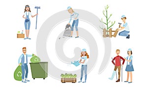 Volunteers at Work Set, Young Men and Women Planting Trees, Collecting Garbage, Watering Plants, Helping Disabled People