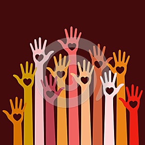 Volunteers wWarm colors bright colorful caring up hands hearts vector logo design element on dark red background.