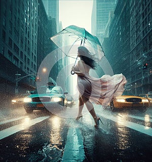 voluptous woman umbrella joyful under the rain New York City among traffic crossing street painting
